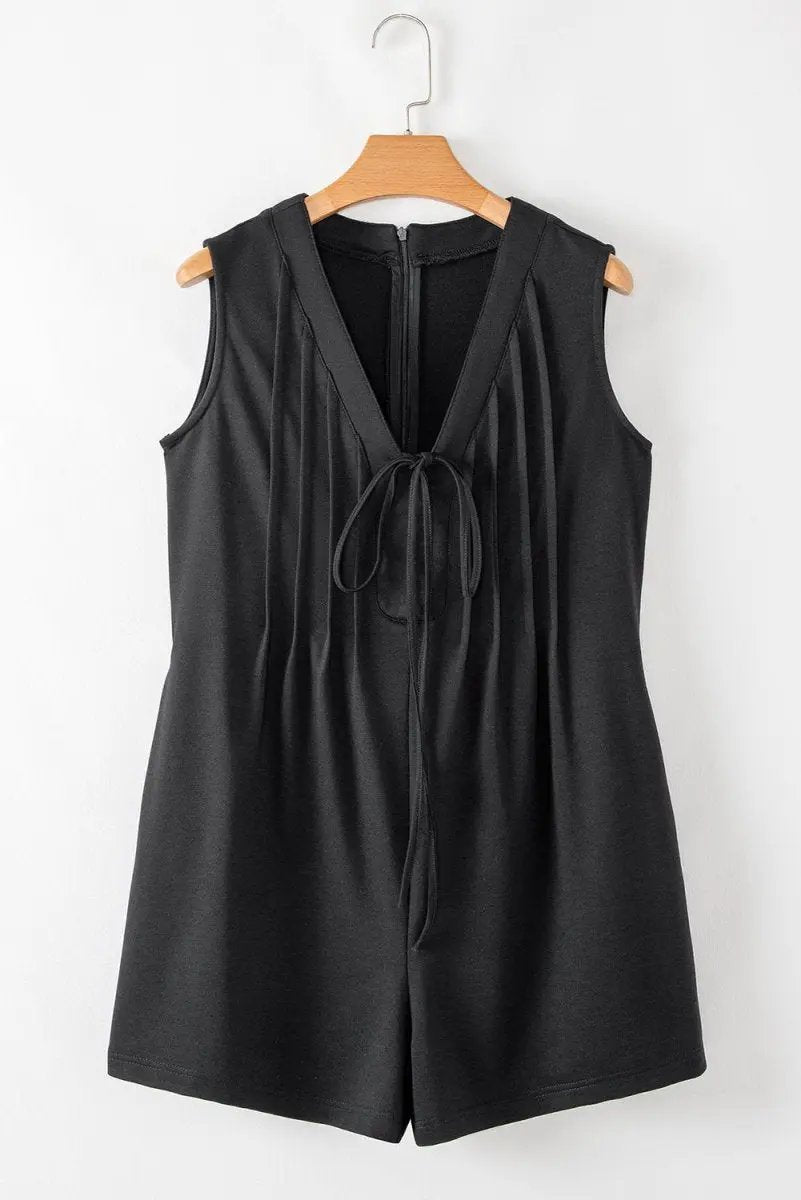 Black White Tie V Neck Pintuck Sleeveless Loose Romper - Love Salve